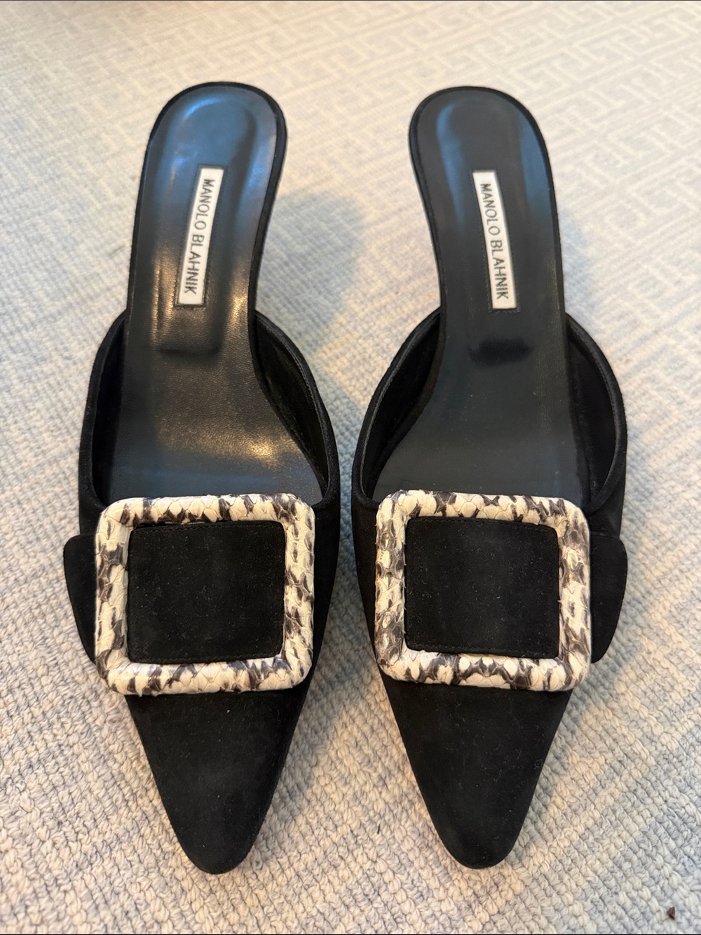 Manolo Blahnik Black Suede Pointed Maysale Mule with Patterned Buckle 50mm